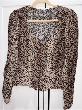Frame Denim Leopard Print V-Neck Peplum Blouse 100% Silk